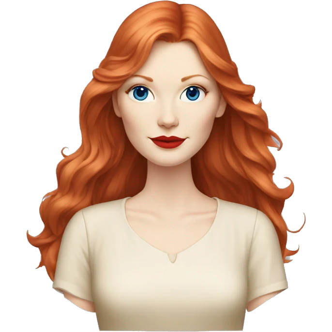 Kirsten Dunst, long red hair, blue eyes, pale skin, red lipstick, white t-shirt, beige skirt emoji