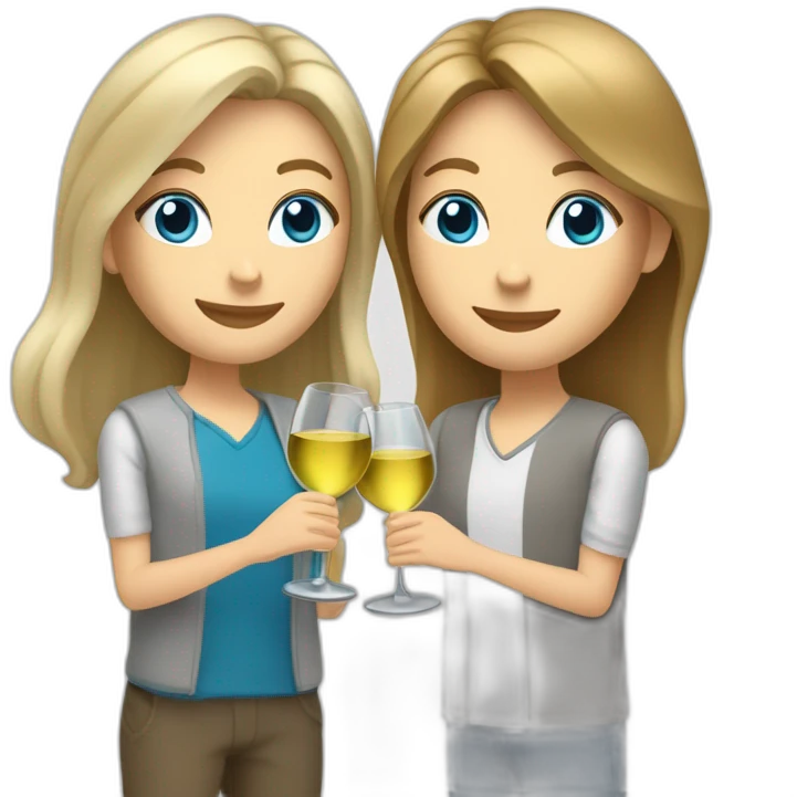 A white woman, she has brown eyes and blond medium long hair. A white man, he has blue eyes and grey hair. They toast to each other with a glass of white wine. emoji