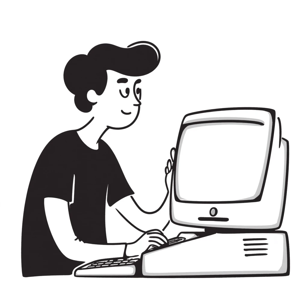 Young man with modern haircut sitting at a vintage desktop computer with large CRT monitor and floppy disk drive emoji
