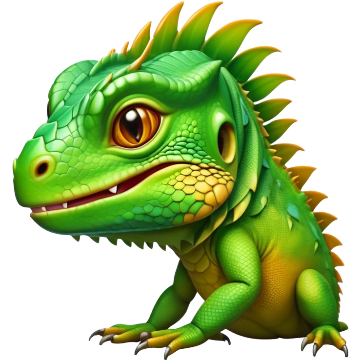 Cinematic Realistic Cute Iguana Portrait Emoji, Head tilted playfully and inquisitively, featuring a compact, agile build with a glossy, intricately scaled body in vivid green hues and a characteristically expressive face with bright, curious amber eyes, rendered in lifelike detail with natural highlights, high shine, affectionate and lively, styled with a touch of tropical whimsy, soft glowing outline, capturing the essence of a mischievous yet lovable iguana that seems poised to scurry out of the screen into your arms! emoji