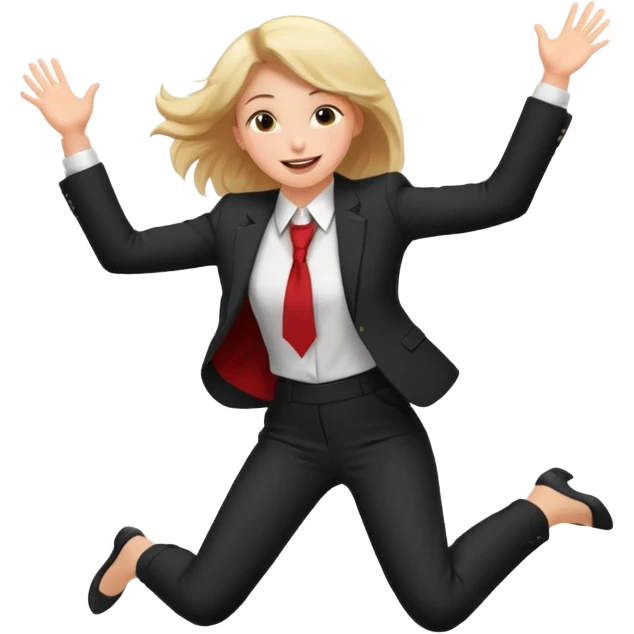 a girl in a formal suit jumps with joy emoji