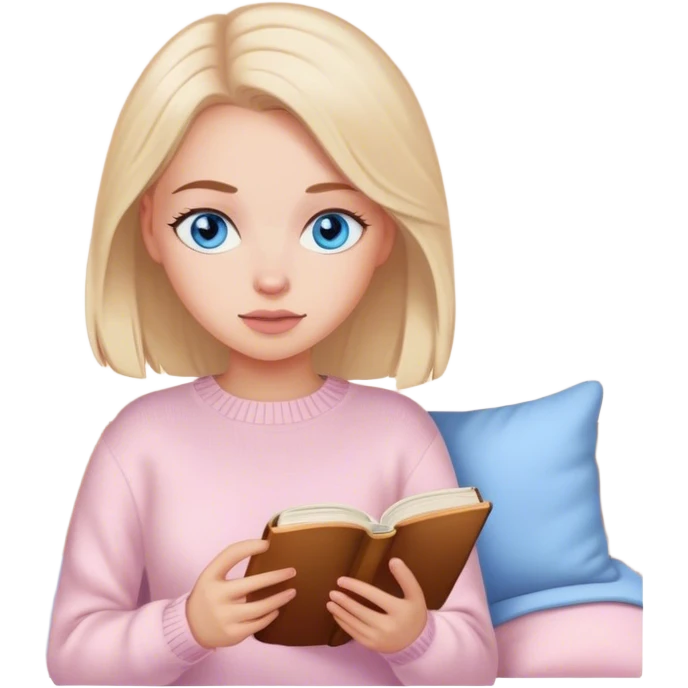 Pretty blue eyed white girl with light pink sweater reading cozy emoji