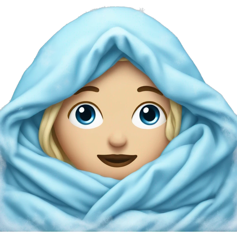 white woman blue face with ice and cold around it, snuggled in blanket emoji