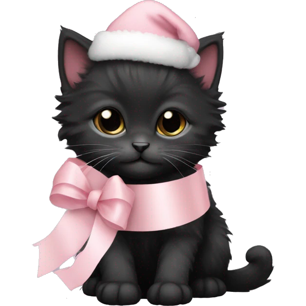 black fluffy small kitten with pale pink christmas hat ribbon emoji