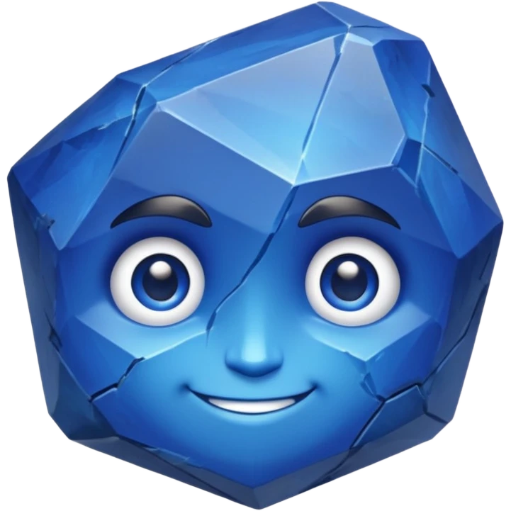 A single sapphire-blue faceted rock head, chunky and worn, with a few visible cracks and chipped facets but still shiny, big kind eyes and a confident smile, 3D game asset, centered on dark background, no body, no other elements. emoji