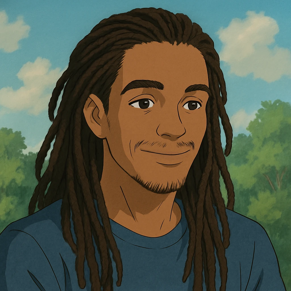 Jalen in Ghibli style, gentle smile, detailed hair emoji