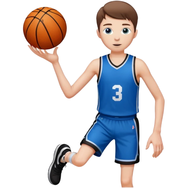 Tall, white, skinny, playing basketball, brown short hair, blue eyes, wearing black uniform
 emoji