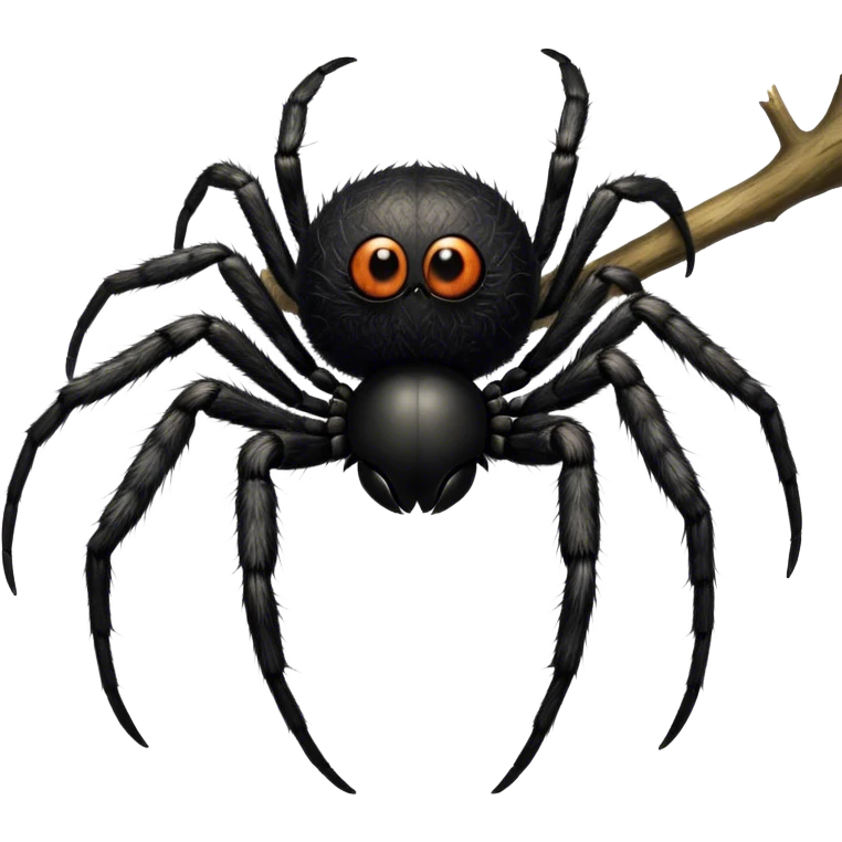 Large black fluffy spider with a big round abdomen and short hairy legs sitting on a branch, staring at us. Detailed texture of the spider’s fur and body. Transparent background. emoji