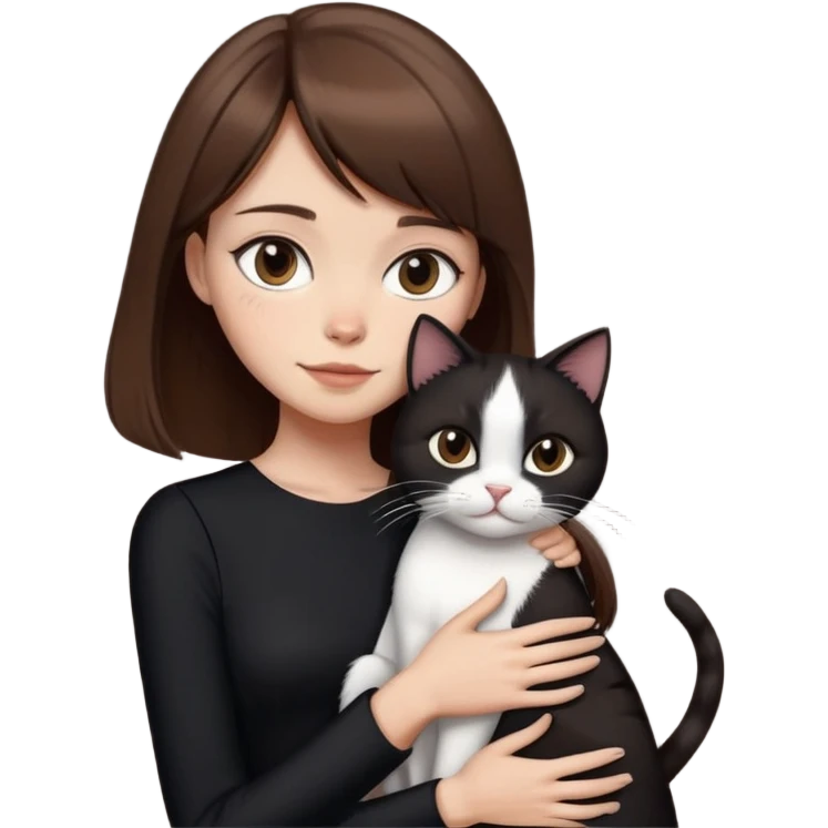 Linda mulher magra, cabelos castanhos médios com franja dividida ao meio, em vestido escuro, abraçando um gato preto e branco emoji emoji
