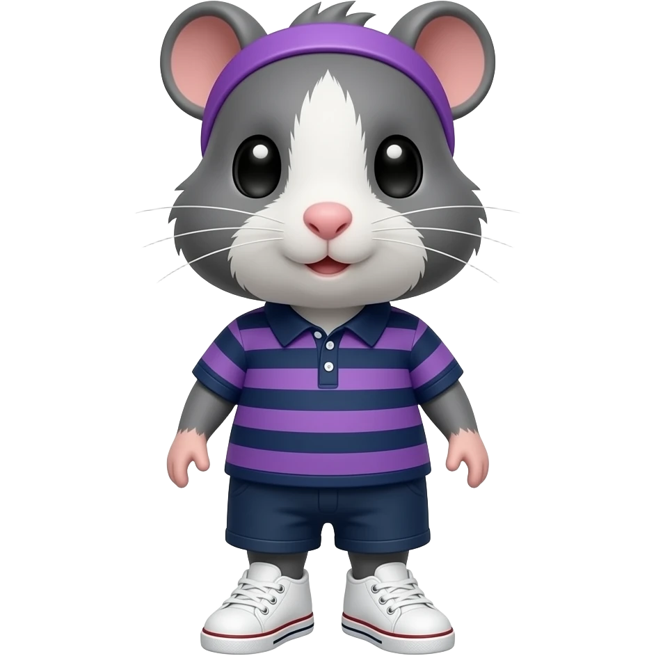 gray guinea pig in navy and purple stripe polo dress and white sneakers and purple hairband emoji