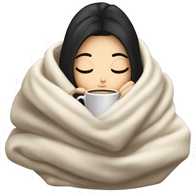 white girl with black hair inside a blanket sipping coffee eyes closed emoji