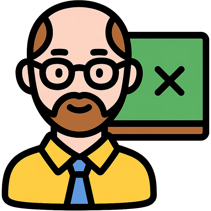 profesor con cabello muy corto, con entradas, barba muy fina y gafas, piel rosada, fondo blanco emoji