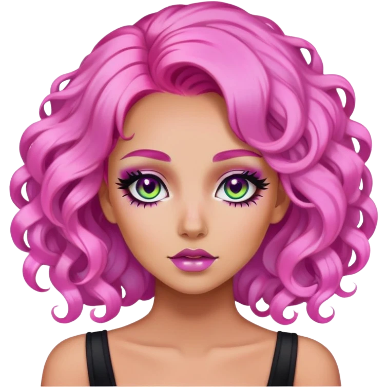 pink hair, baddie, pretty makeup, black eyeliner, long and curly hair, iridescent skin emoji