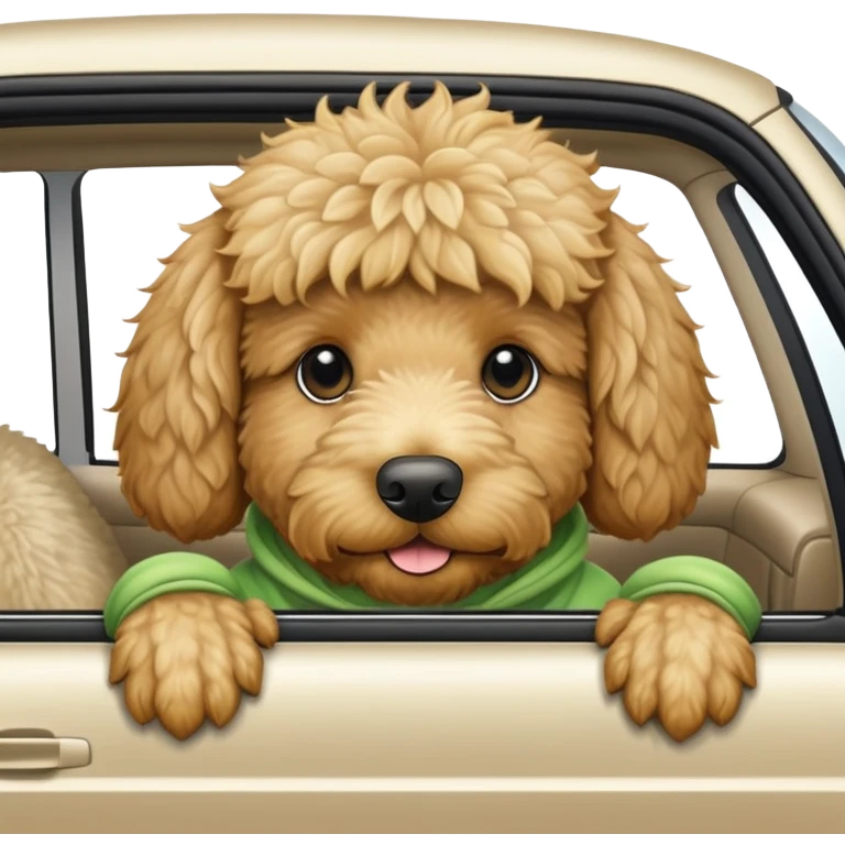 golden doodle with a frog sweat shirt peeking head out of car window emoji