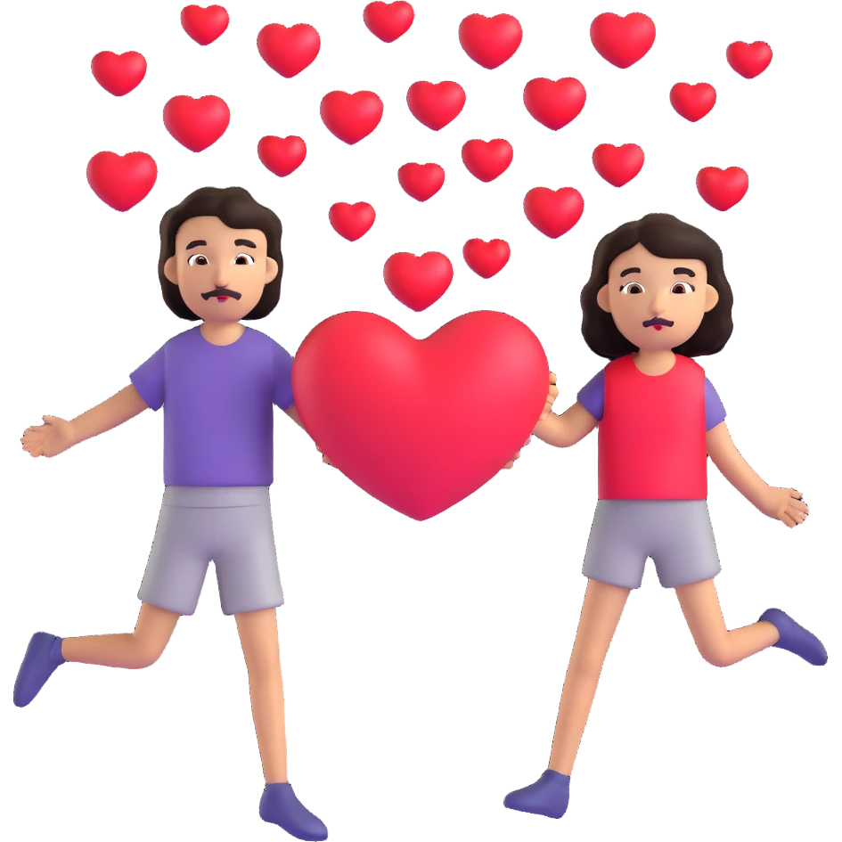 couple emoji: pale girl with long straight dark brown hair, no facial hair; tan boy with short black curly hair, small goatee and separate mustache; red hearts floating around emoji