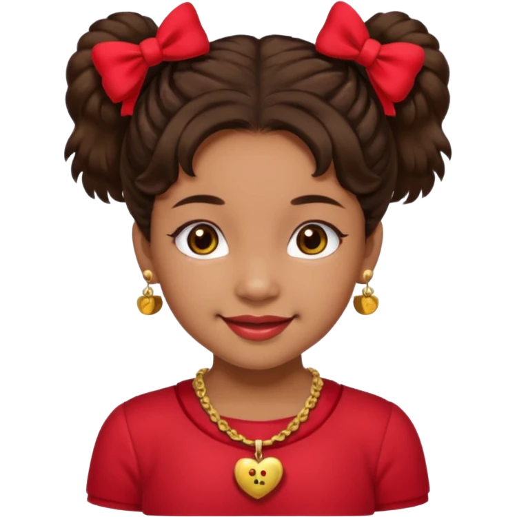 Brownskin girl dark brown hair fluffy. pigtails with red bows brown eyes smiling closed mouth red shirt gold esrrings gold necklace emoji