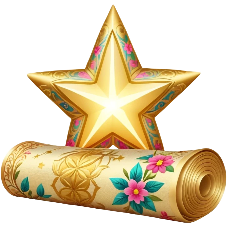simple composition of a glowing sparkle or star shape in foreground with only a roll of patterned fabric behind it, no faces emoji