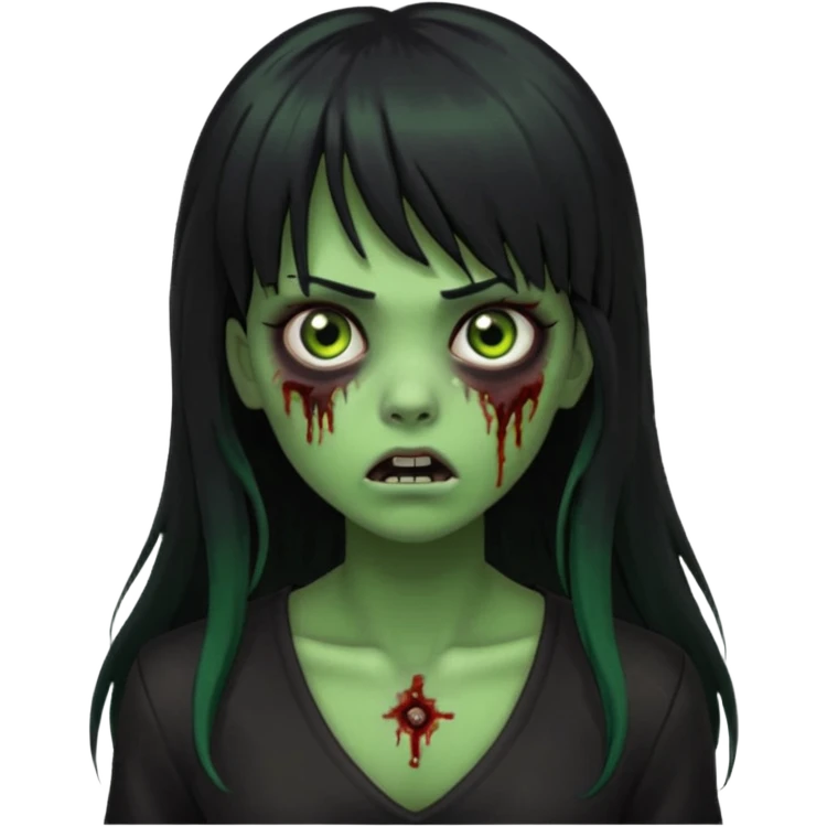 faça uma garota na forma de zumbi com a pele verde, assustada e com os olhos pretos escuros, com o cabelo preto longo e com franja e a roupa decotada preta emoji
