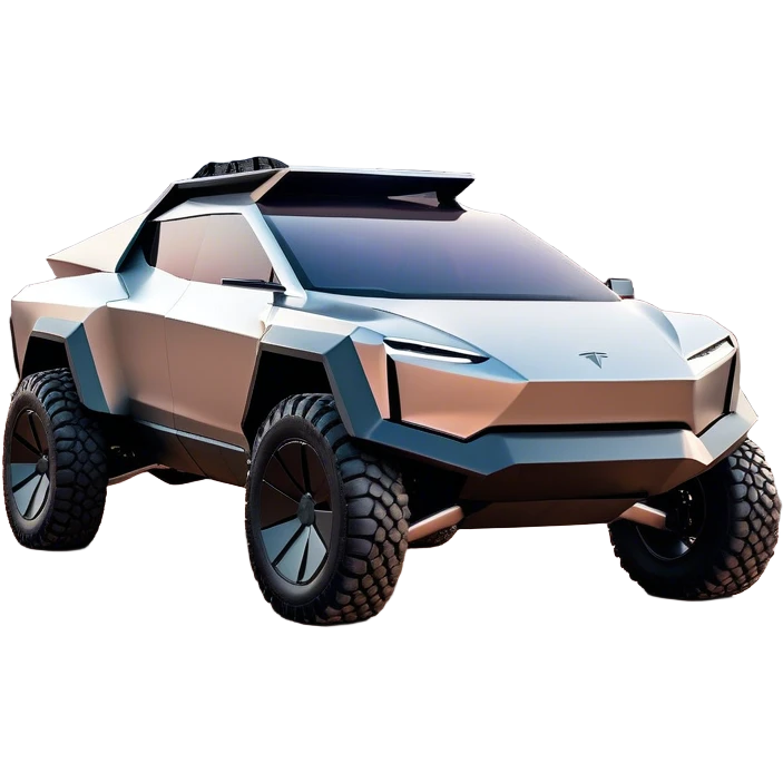Tesla Cybertruck - A futuristic Tesla Cybertruck, angular and geometric with a sharp, triangular body shape. Stainless steel exoskeleton with a raw, unpainted, brushed-metal finish. A sleek, narrow LED light bar stretches across the entire front. Large, rugged off-road tires with exposed wheel arches. Smooth, handle-free doors and a slanted, armored rear with a retractable tonneau cover. Rear LED strip mirroring the front. The vehicle looks like a sci-fi-inspired, bulletproof stealth tank on wheels, set in a high-tech urban environment at sunset, with reflections on its metallic surface. emoji