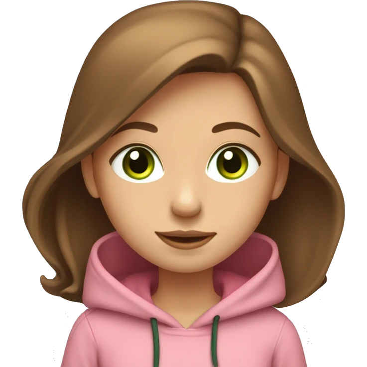 A girl with brown long hair, fair skin and green eyes, working at a modern laptop in a plain pink hoodie emoji