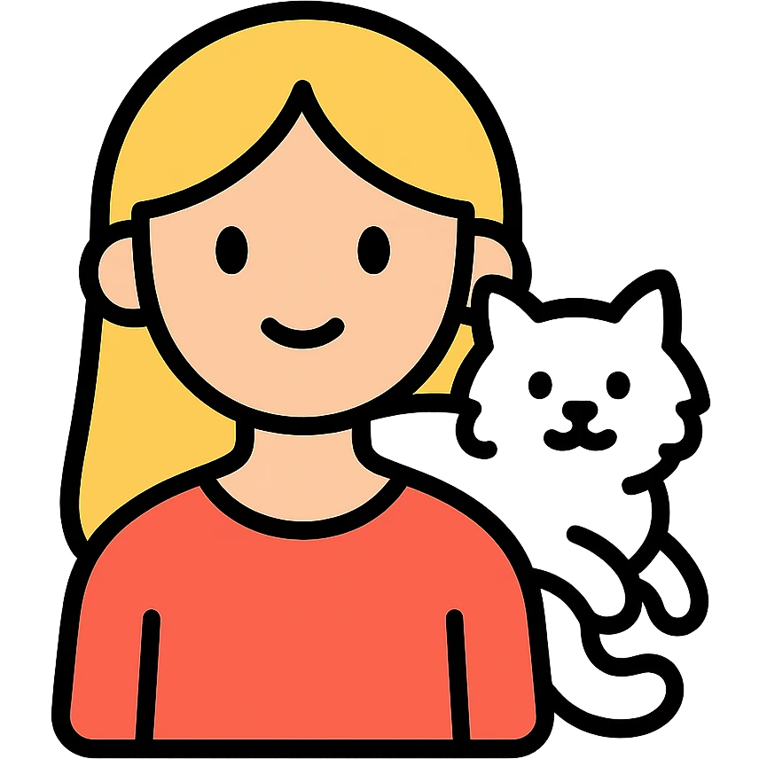 a girl with long blonde hair, a white fluffy cat draped over her left shoulder, outlined color icon style for chat platforms emoji