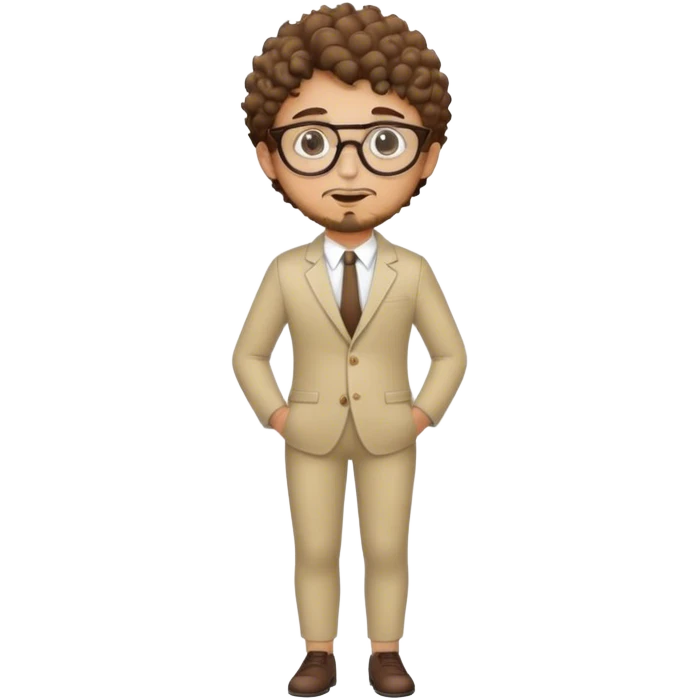 A young man with short curly brown hair, round glasses, light beard, and a stylish full-body suit. emoji