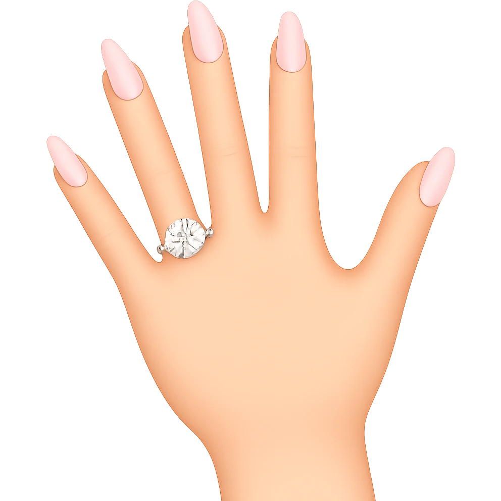 Edit the image to depict a woman's hand with 5 fingers, long light pink nails, and an engagement ring, in an emoji style with a transparent background. emoji