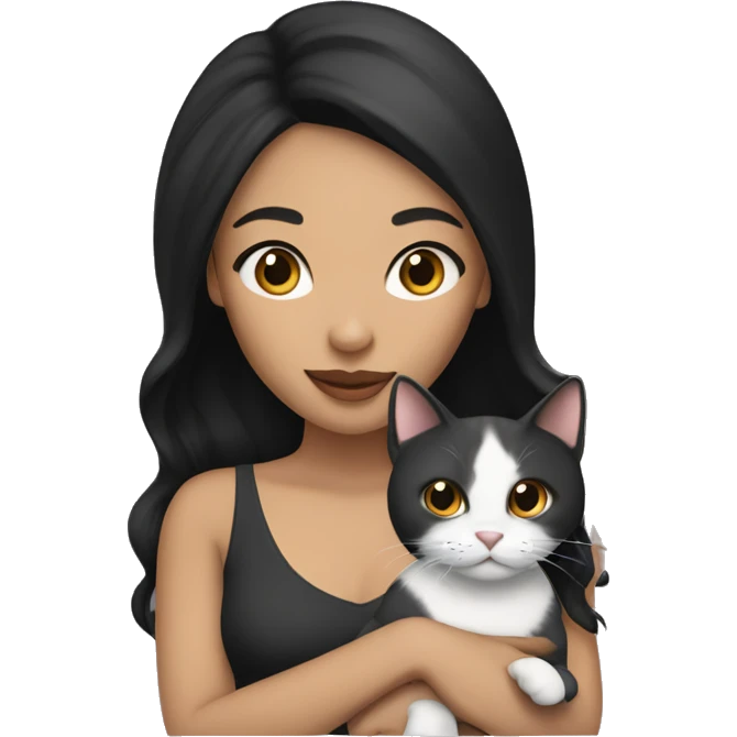A light skinned woman with black hair holding a cat emoji