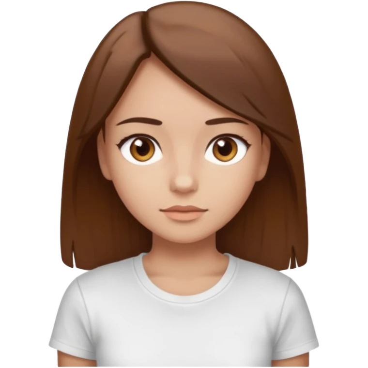 Chica de pelo liso y marrón con ojos color marrón claro y una camiseta blanca emoji