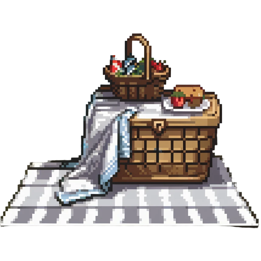picnic basket and blanket next to a lake emoji