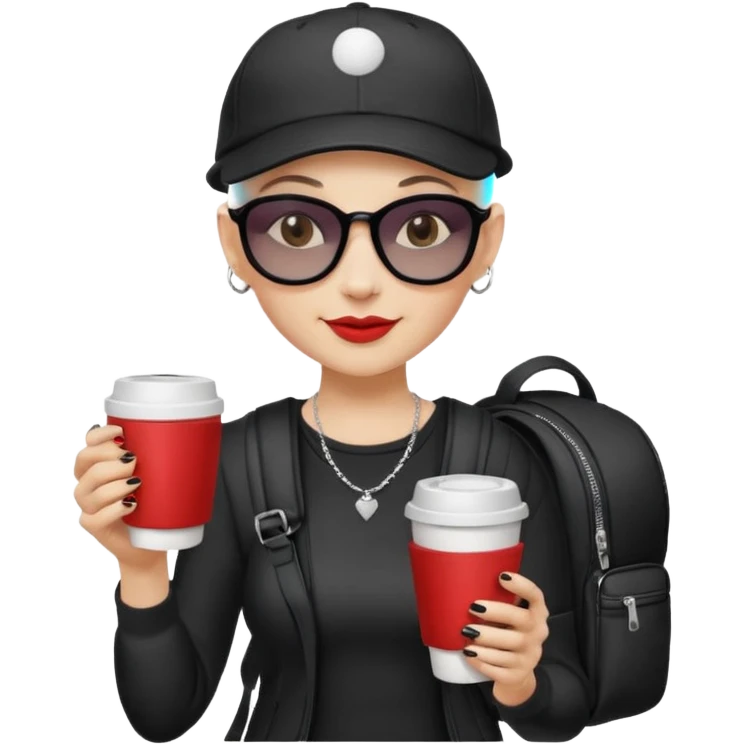 ["A happy woman with light skin, bald, wearing a baseball cap and sunglasses, dressed in goth fashion, is drinking coffee while holding a backpack."] emoji