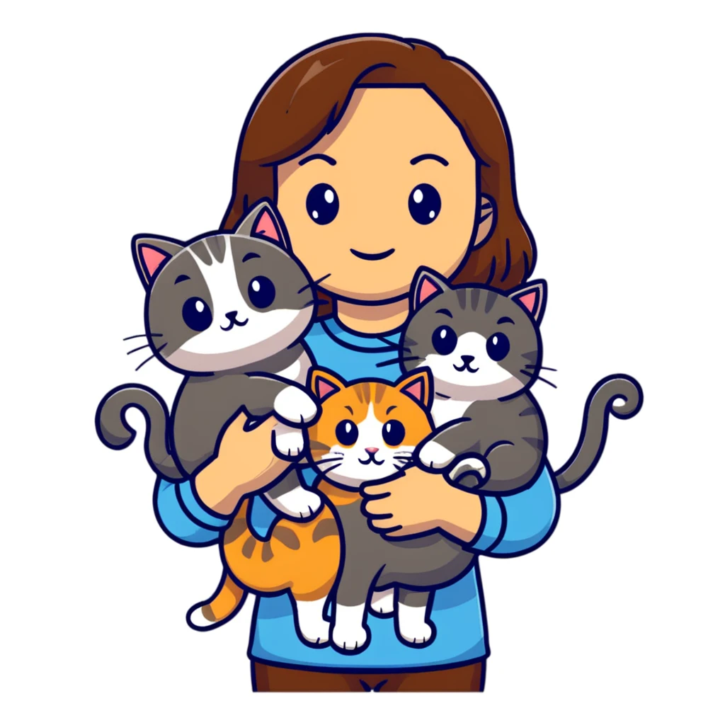Tan brown-haired girl holding three cats, one black cat, one grey cat, and one grey-striped cat emoji