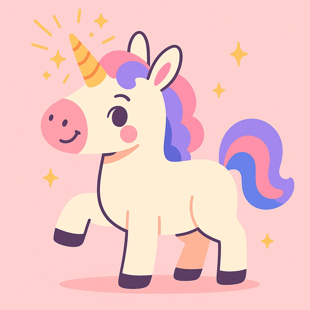 a unicorn with sparkles radiating from its horn, pastel colors, cute style emoji