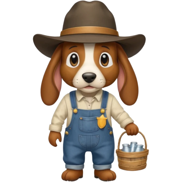 toothless hillbilly basset hound wearing a stetson and dungarees carrying moonshione emoji