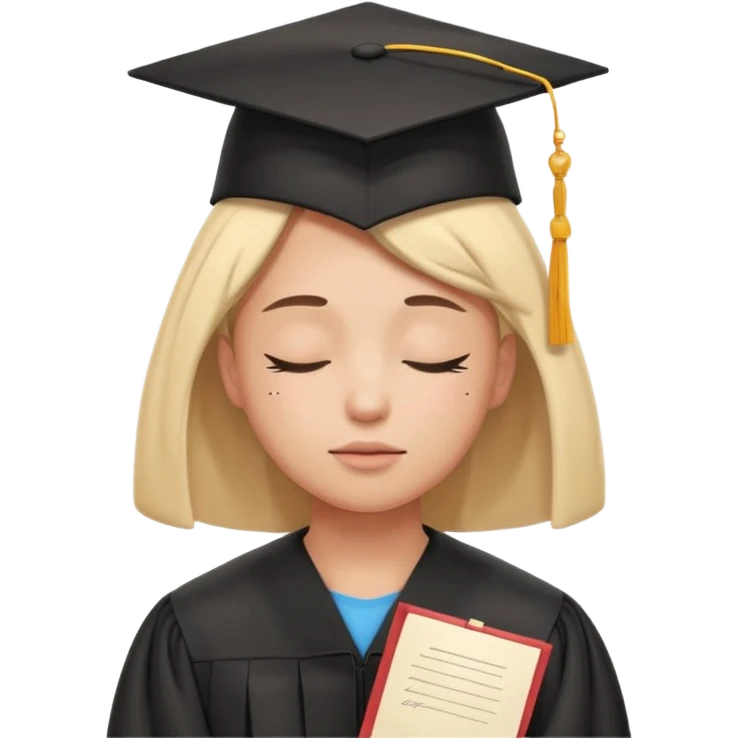 a person with closed eyes, thought bubble with a graduation cap and diploma, feeling of achievement emoji
