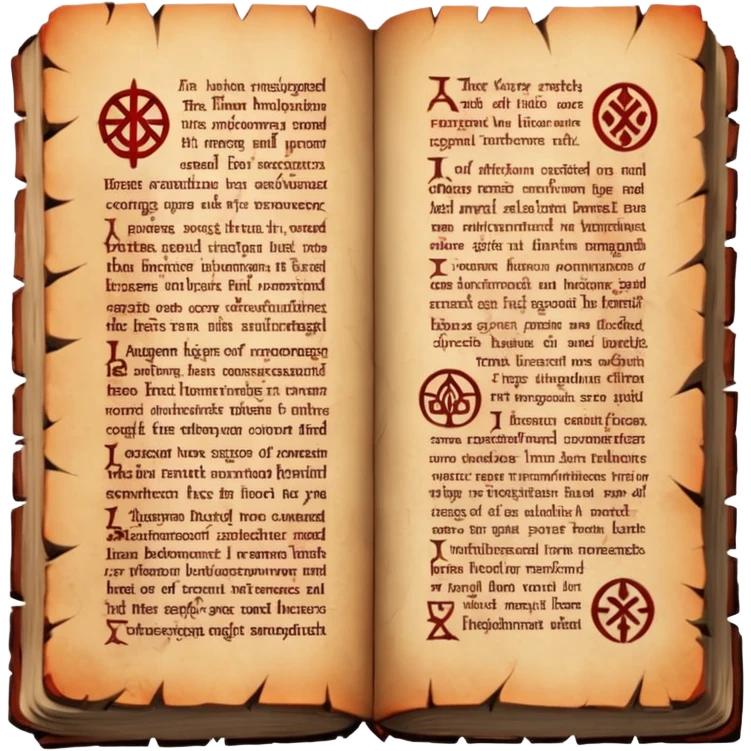 Ancient scripture page burned at the edges, cursed runes glowing faint red emoji