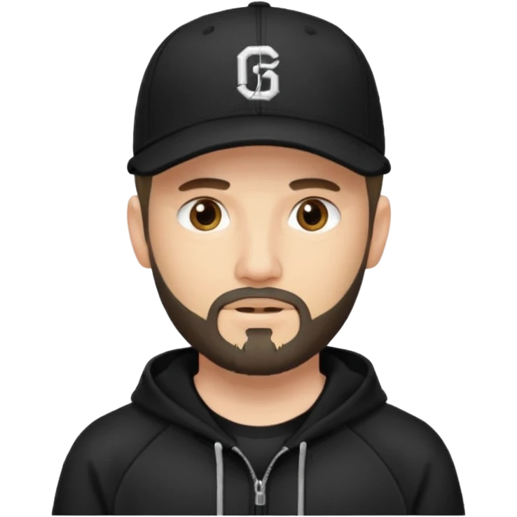 Hombre con la cara borrosa, con barba fina y perilla, gorra negra de baseball bordada con un 08, y sudadera negra emoji