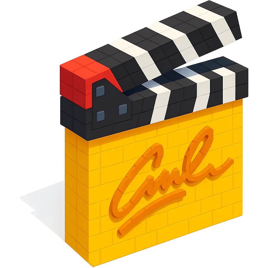 voxel style movie clapperboard with a gold director's signature, isometric view emoji