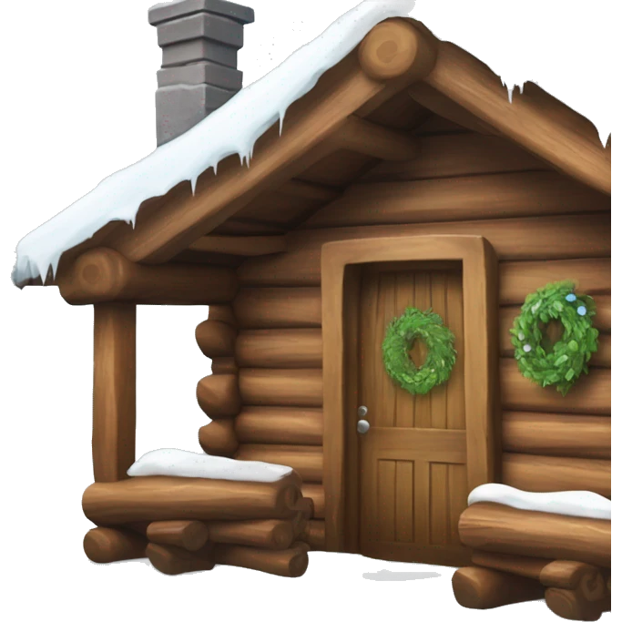 Log cabin in the snow with greenery around door and icicles hanging off roof  emoji