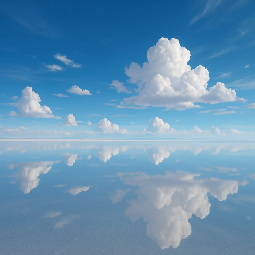 fantastical landscape of the Uyuni salt flats with sky reflection, clear sky and clouds, sky mirrored in water, mystical and peaceful atmosphere emoji