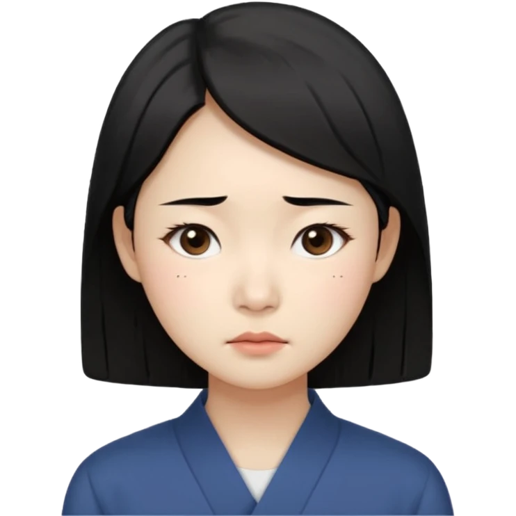 Korean woman, East Asian features,
female human face avatar, headshot,
slightly uncomfortable expression,
subtle frown, tired eyes,
sensitive and delicate mood,
neutral face, minimal expression,
simple black hair,
clean background,
professional, minimal style emoji