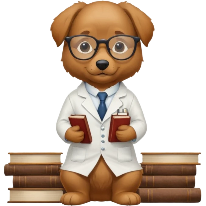 Wise dog with glasses, wearing a lab coat, perched on a stack of books. emoji