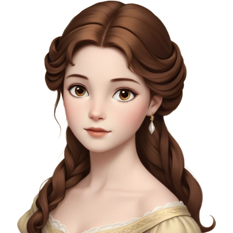 Cinematic Realistic Belle Portrait, depicted with lifelike skin texture, soft natural lighting, and intricately detailed brown hair styled elegantly. Her deep, expressive eyes exude warmth and intelligence, complemented by a serene and graceful expression. She is dressed in her classic attire, with rich fabric textures and delicate folds that catch the light beautifully. The portrait features a soft, enchanting glow with a natural, radiant finish, capturing the essence of timeless beauty in a realistic and painterly style, evoking a sense of depth and authenticity. emoji