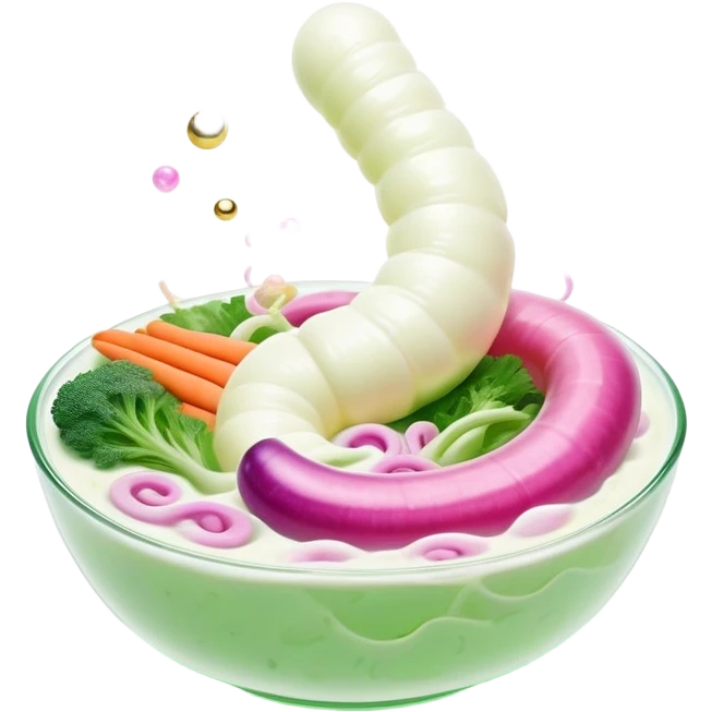 Ethereal bowl of bright white yogurt, translucent fermented vegetables, and golden bubbles gently floating around a luminous spiral intestine, vibrating in green and pink tones of balance and life. The scene shows probiotic foods connecting with and nourishing a glowing digestive system. emoji