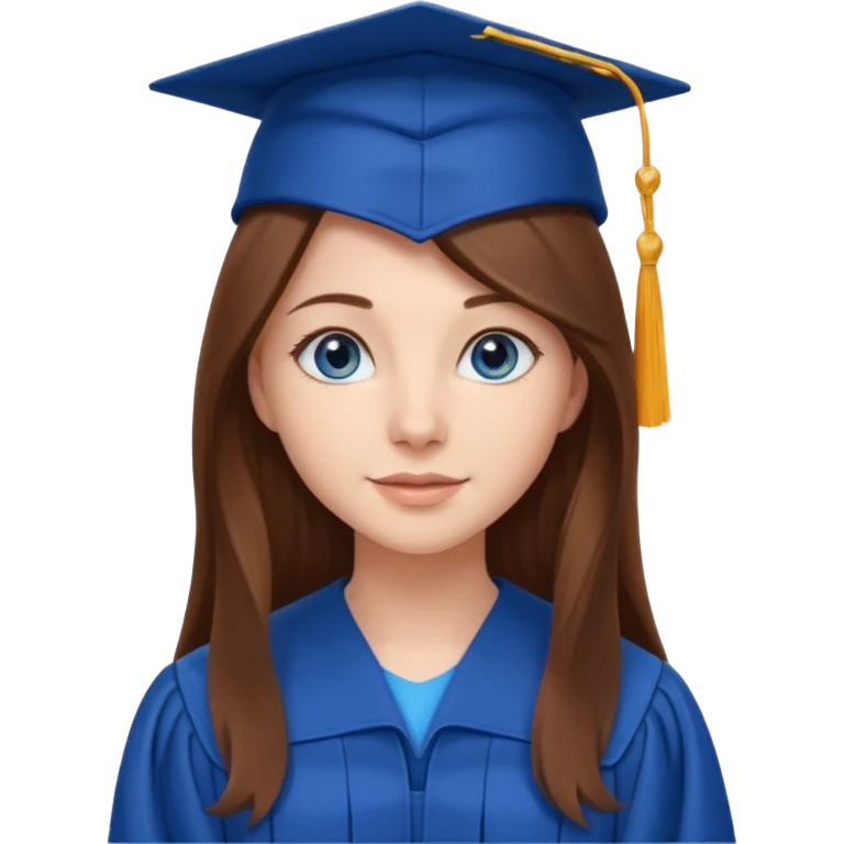 school graduation with a pretty female graduating student with long brown hair, blue eyes emoji