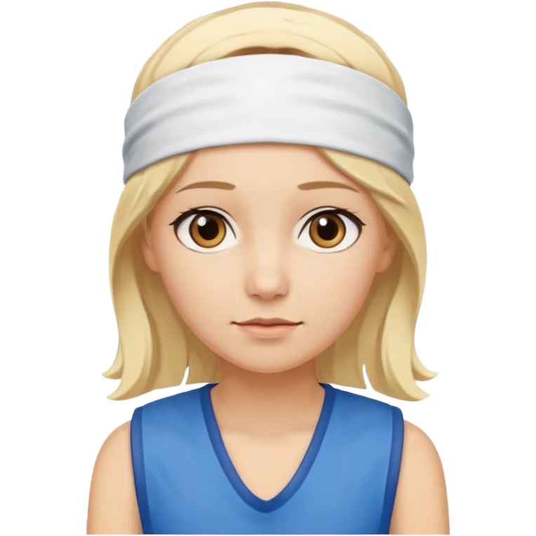 A 3D avatar of a blonde woman, who has brown eyes, is wearing a blue vest and a white headband on her head. She is looking straight at the camera. emoji