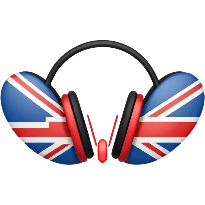 Minimalistic flat vector icon, iOS style, thin black contour on white background. Ear icon with sound waves and small UK/USA flag symbol. Clean, no text, no shadows emoji
