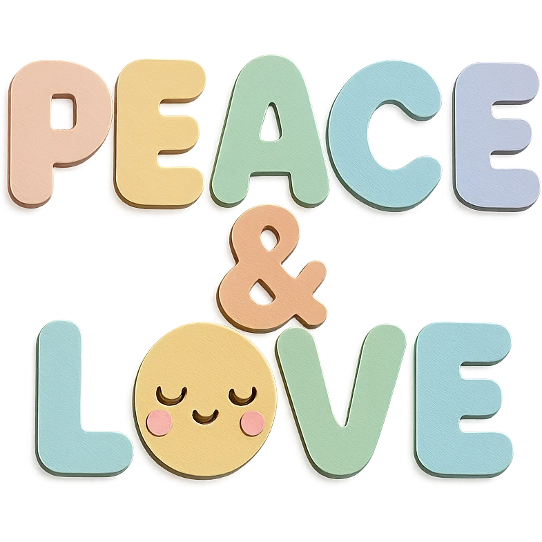 "Peace & Love" soft pastel rainbow rounded bold letters, kawaii cute font, no border, transparent background emoji