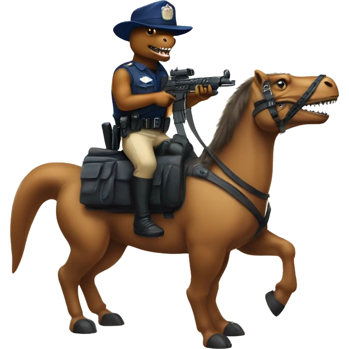 Trex wearing police hat riding a pony with sub machine guns  emoji