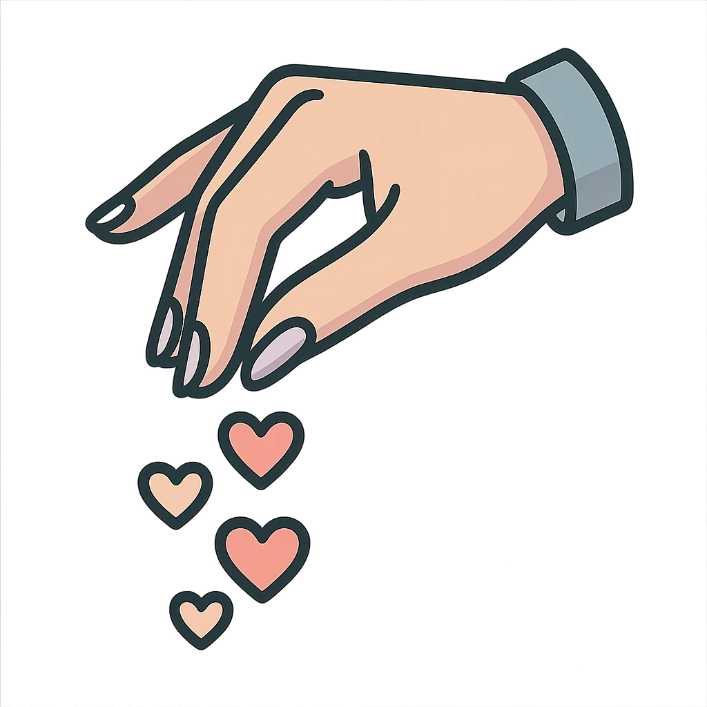 female hand with elegant manicure sprinkling hearts like seasoning, icon-color-outlined style, detailed shadows and highlights, thin clean contours, soft rounded shapes, pastel palette #98B5BC, #B5B3C1, #C9A3C9, #E4C0CA, #F7DCD1, #F7C0AA, modern Japanese pop art and sticker aesthetic, soft lighting, transparent background emoji